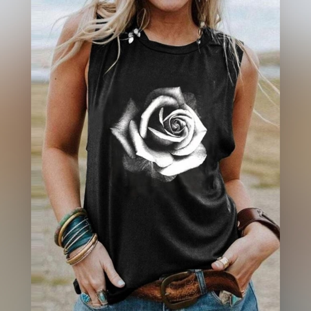 5 For $25✨️ Like New Womens  Extra Large XL Black Tank Top Roses Flower Shirt